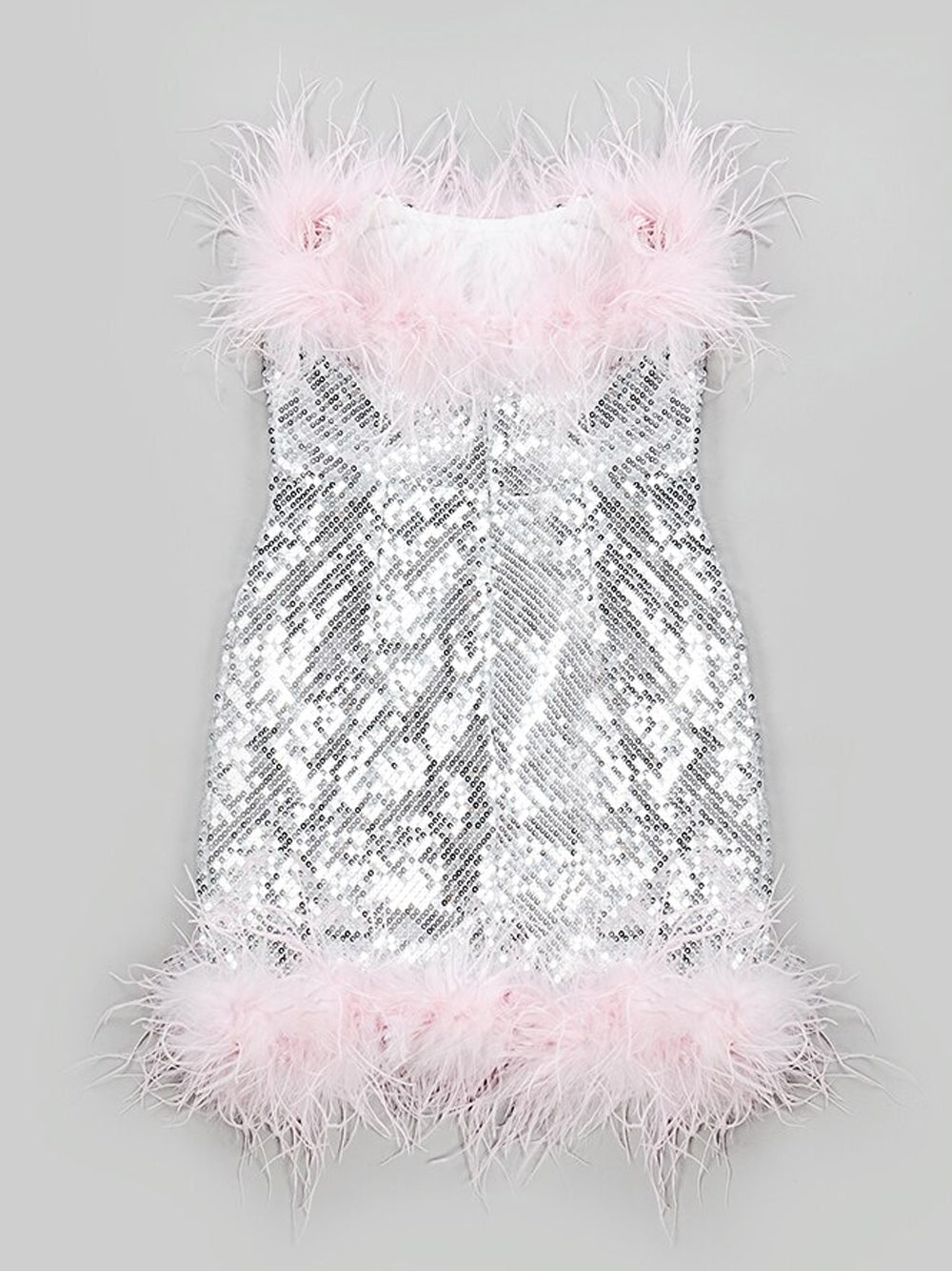Sequin Strapless Feather Trim Bodycon Mini Dress in Silver - View 7