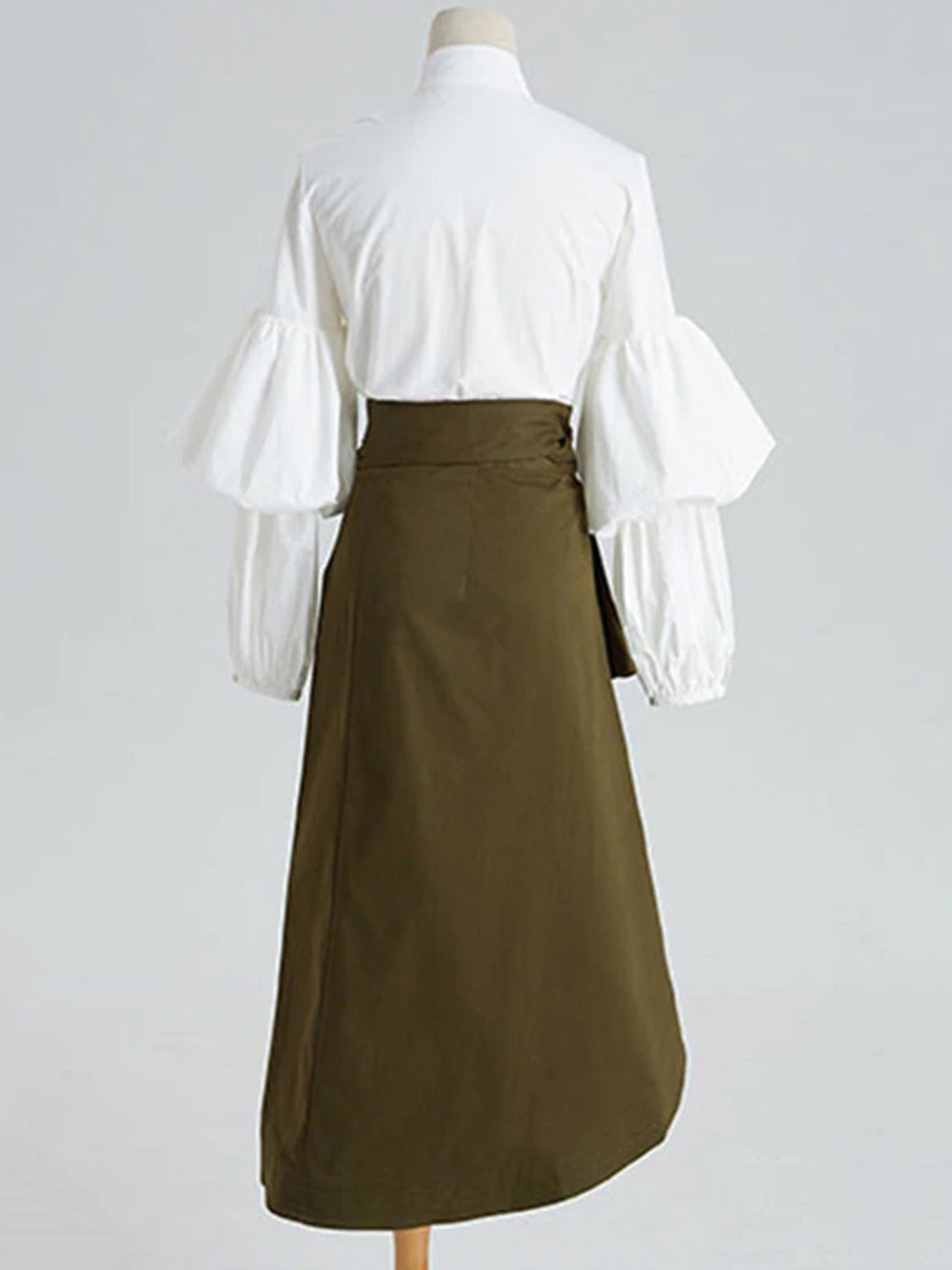 Puff-Sleeved Dress & High-Waist Lace-Up Ruched Irregular Skirt - View 8
