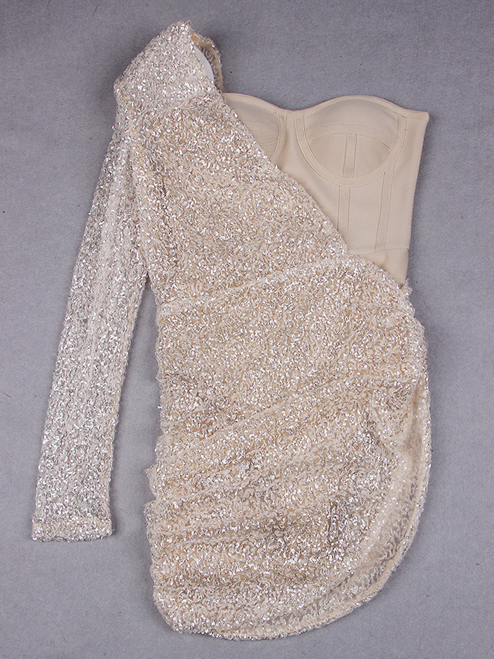Sequin One Shoulder Long Sleeve Bodycon Mini Dress in Beige - View 10