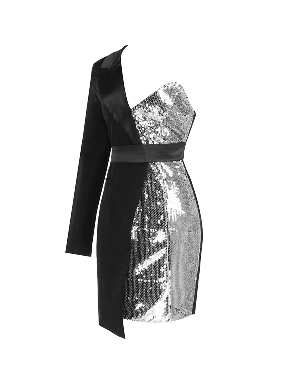 One Shoulder Long Sleeve Sequin Panel Tuxedo Blazer Mini Dress - View 7