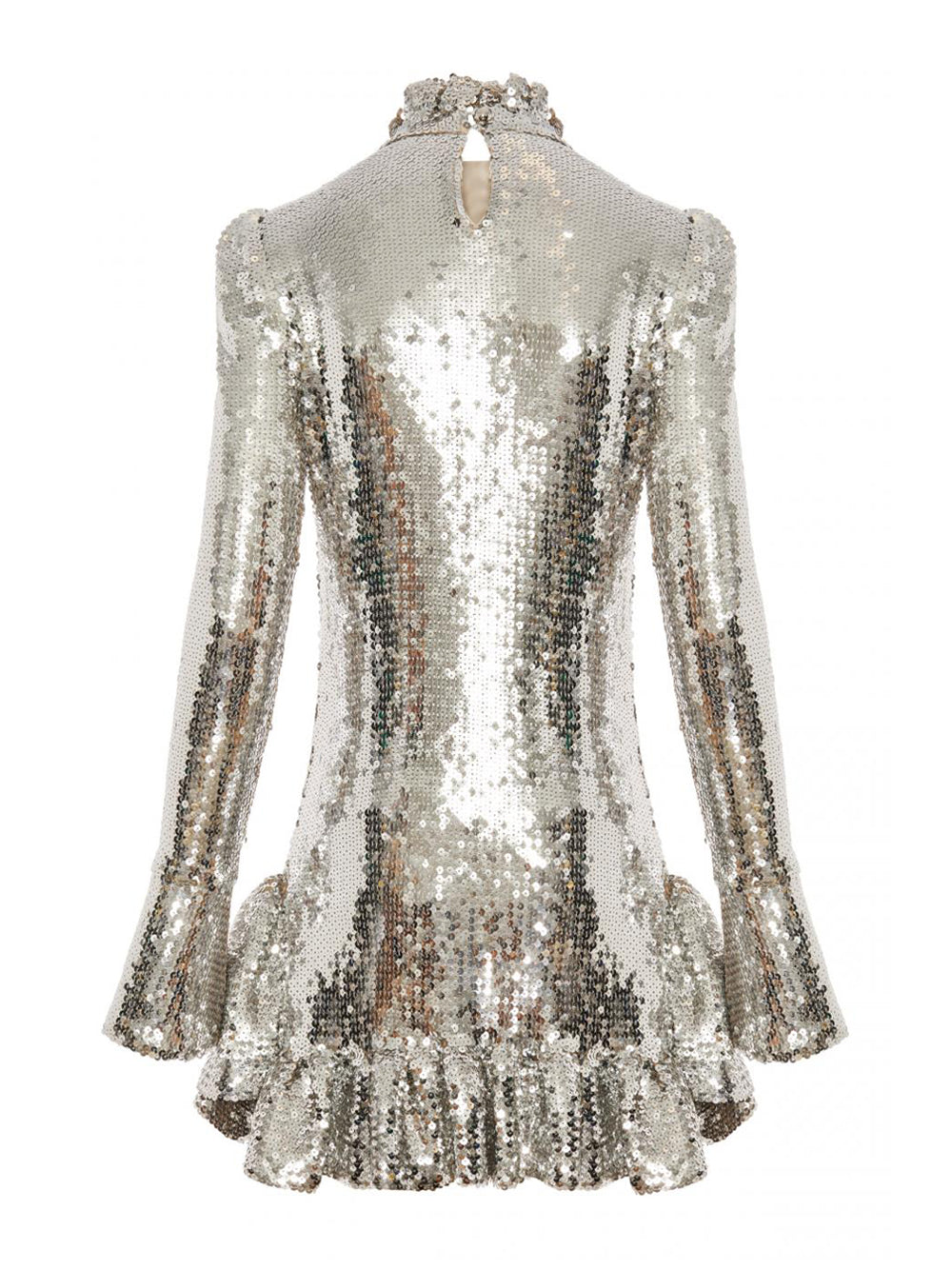 Sequin High Neck Long Sleeve Ruffle Hem Mini Party Dress - View 6