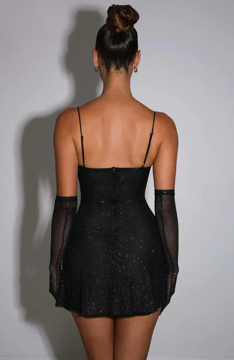 Sequin Spaghetti Strap Bustier Mesh Hem Mini Dress and Gloves Set - View 5