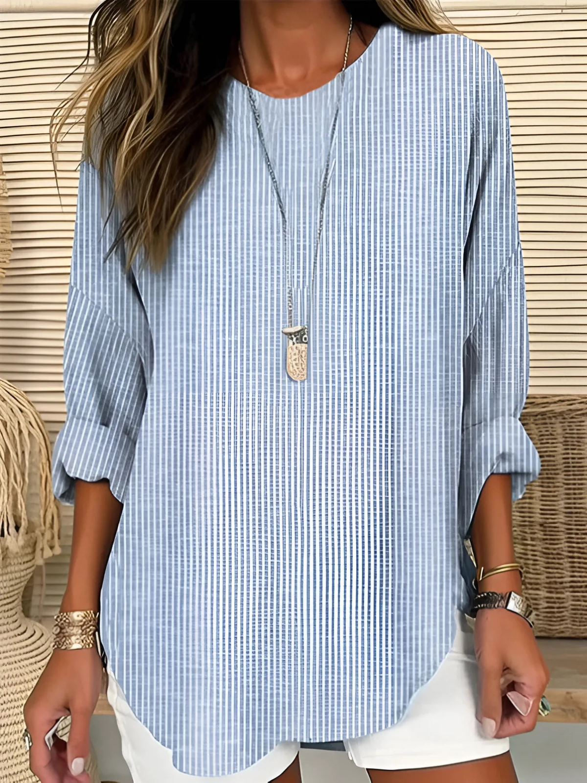 Round Neck Long Sleeve Striped Blouse
