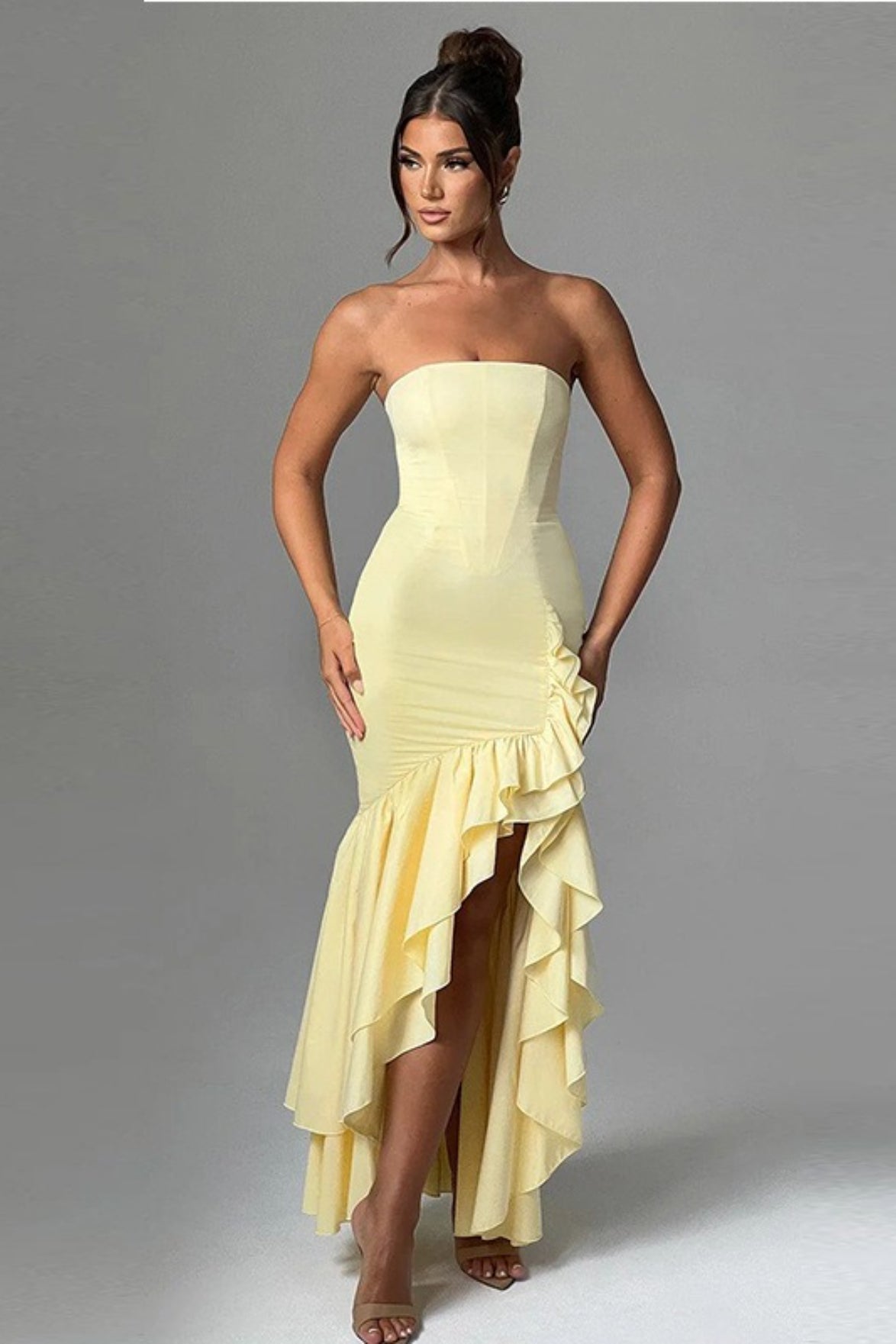 Strapless High Split Ruffle Slim Mermaid Maxi Prom Dress - View 10