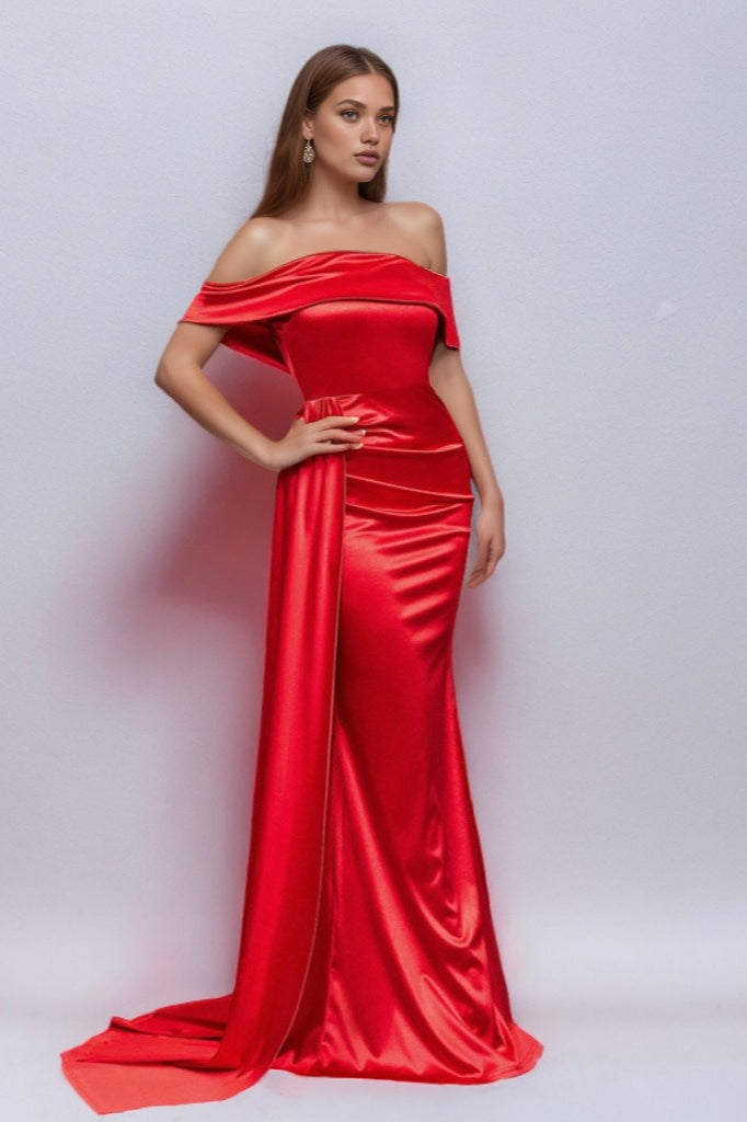 Solid Satin Off-Shoulder High-Waist Mermaid Silk Dress - View 6