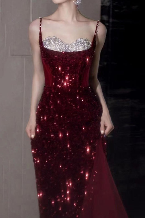 Spaghetti Strap Sequin Beaded High Split Mermaid Prom Gown - View 2