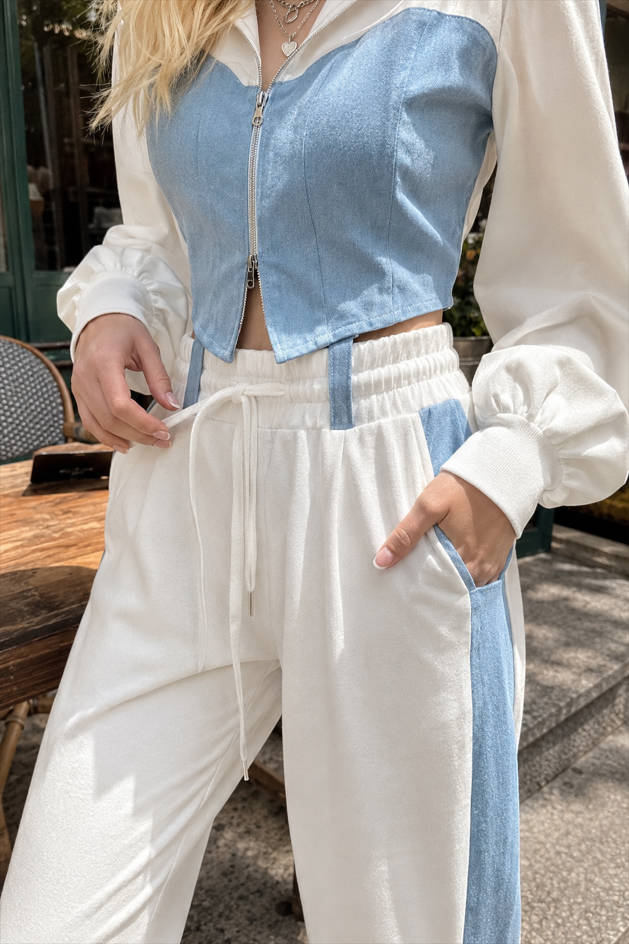 Color Block Hoodie Denim Two Piece Pants Set