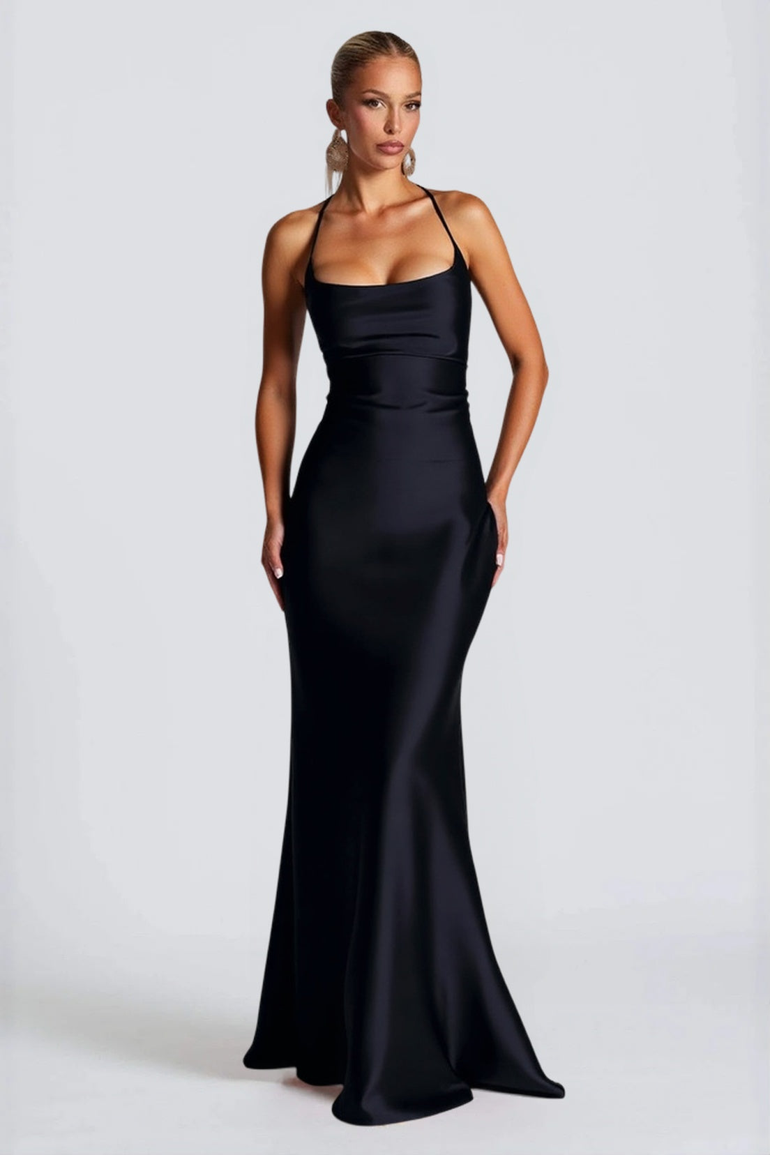 Belted Backless Maxi Silk Dress in Black - View 2