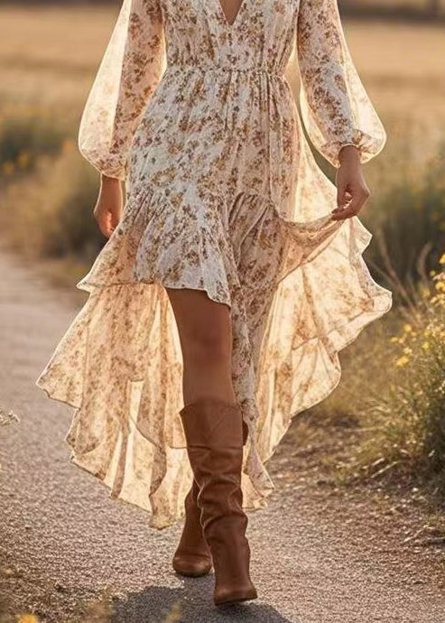 Floral Deep V-Neck Balloon Sleeve High Low Ruffle Tier Midi Dress - View 3