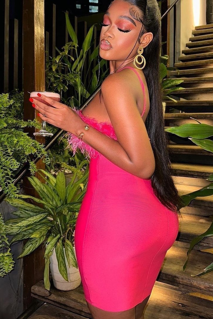 Feather Trim Halter Neck Bandage Bodycon Mini Party Dress - View 2