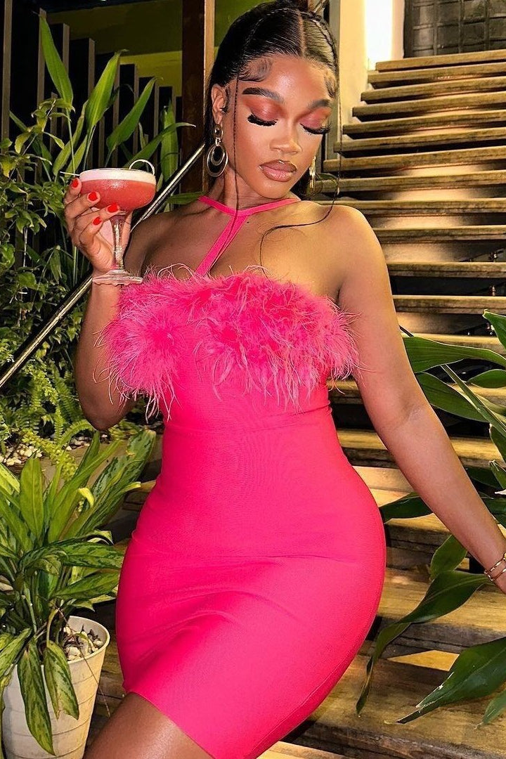 Feather Trim Halter Neck Bandage Bodycon Mini Party Dress