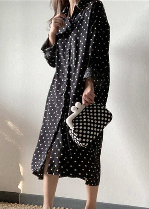 Polka Dot Shirt Collar Long Sleeve Side Slit Midi Shirt Dress - View 2
