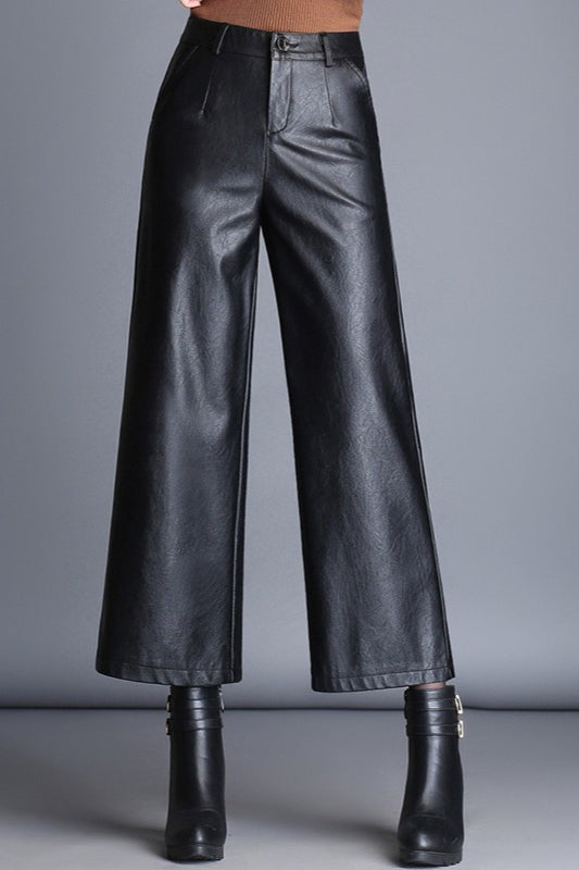 High Waisted Cropped Wide Leg PU Leather Pants