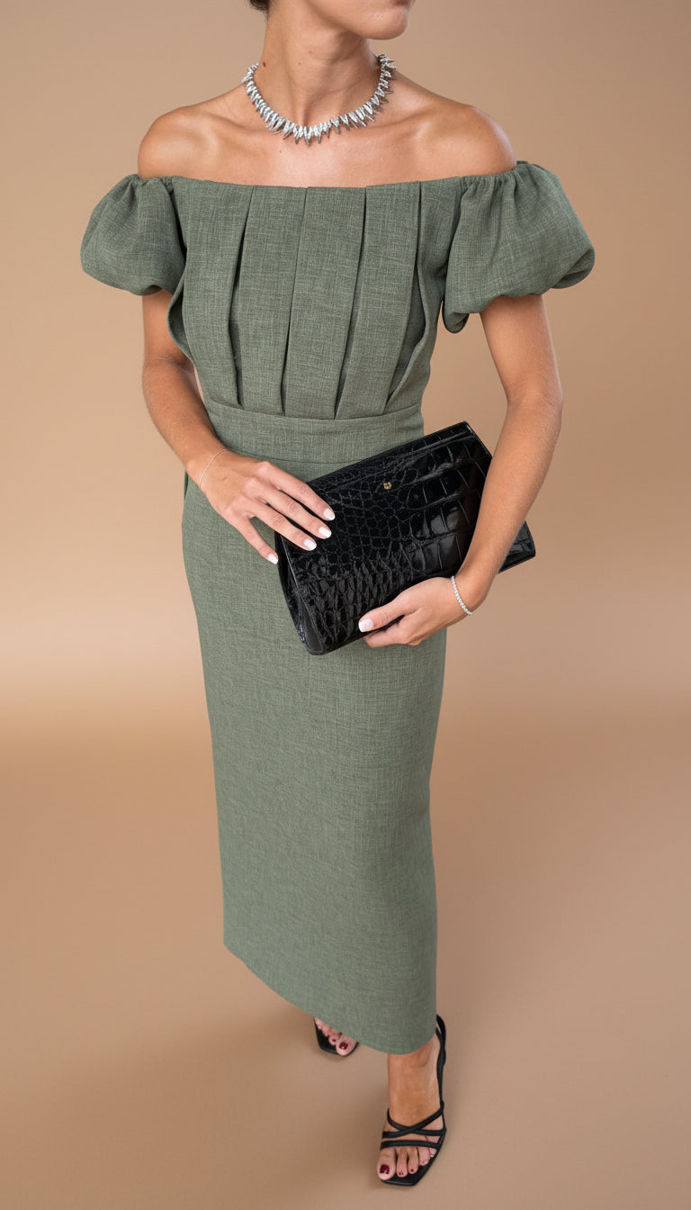 Off Shoulder Puff Sleeve Pleated Bodice Column Maxi Dress 3