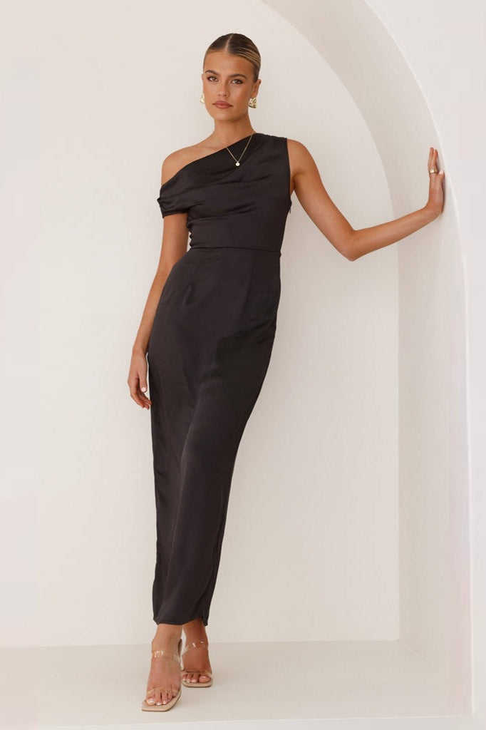 Satin One Shoulder Draped Column Maxi Dress
