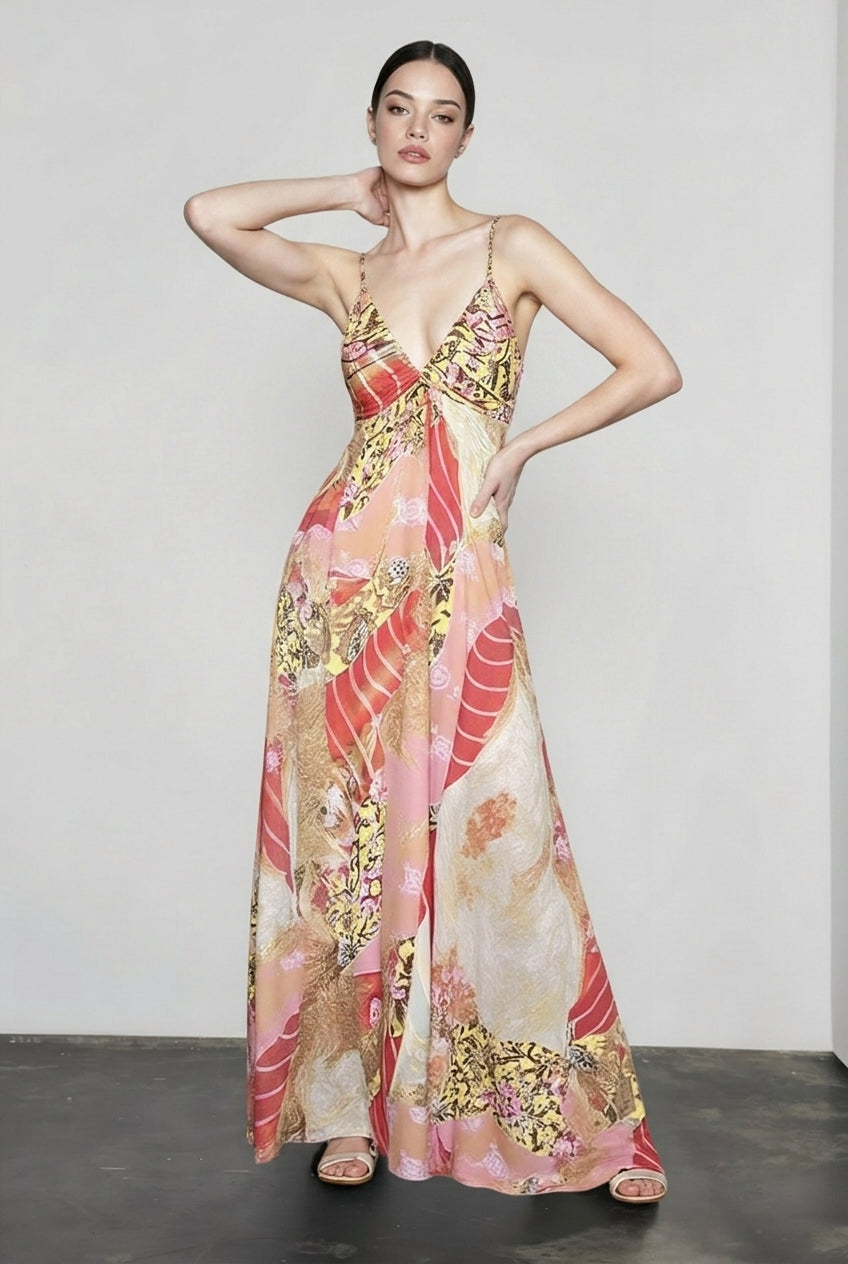 Deep V-Neck Spaghetti Strap Floral Satin Maxi Dress 3