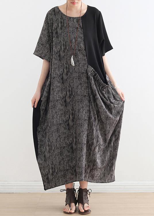 Textured Stripe Print Short Sleeve Patch Pocket Oversized Maxi Dress