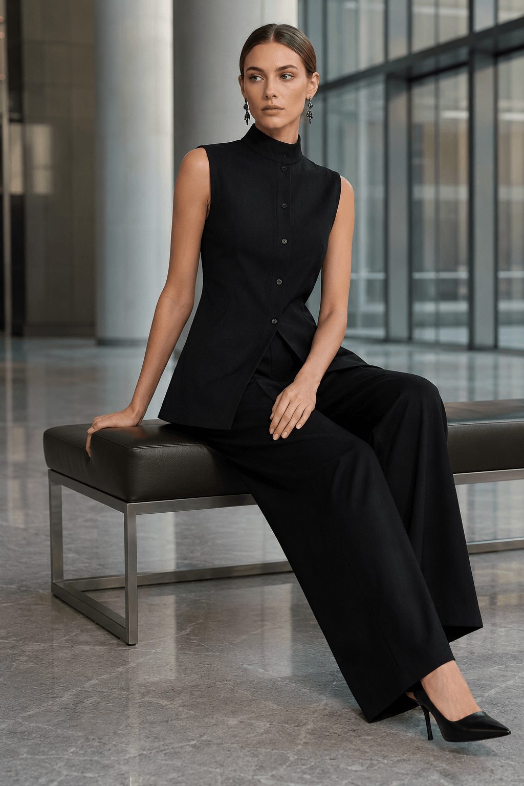 Drape Sleeveless Shirt Two Piece Work Set