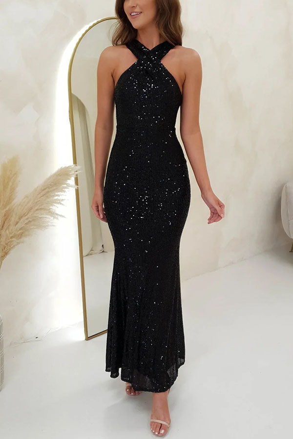 Sequin Cross Halter Neck Backless Mermaid Maxi Dress - View 3