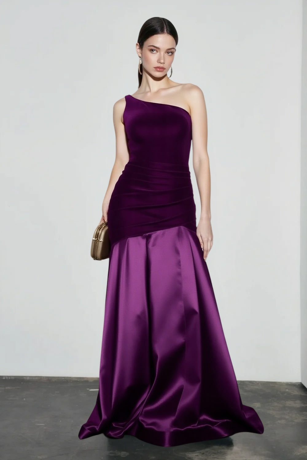 One Shoulder Ruched Velvet Satin Mermaid Gown 7