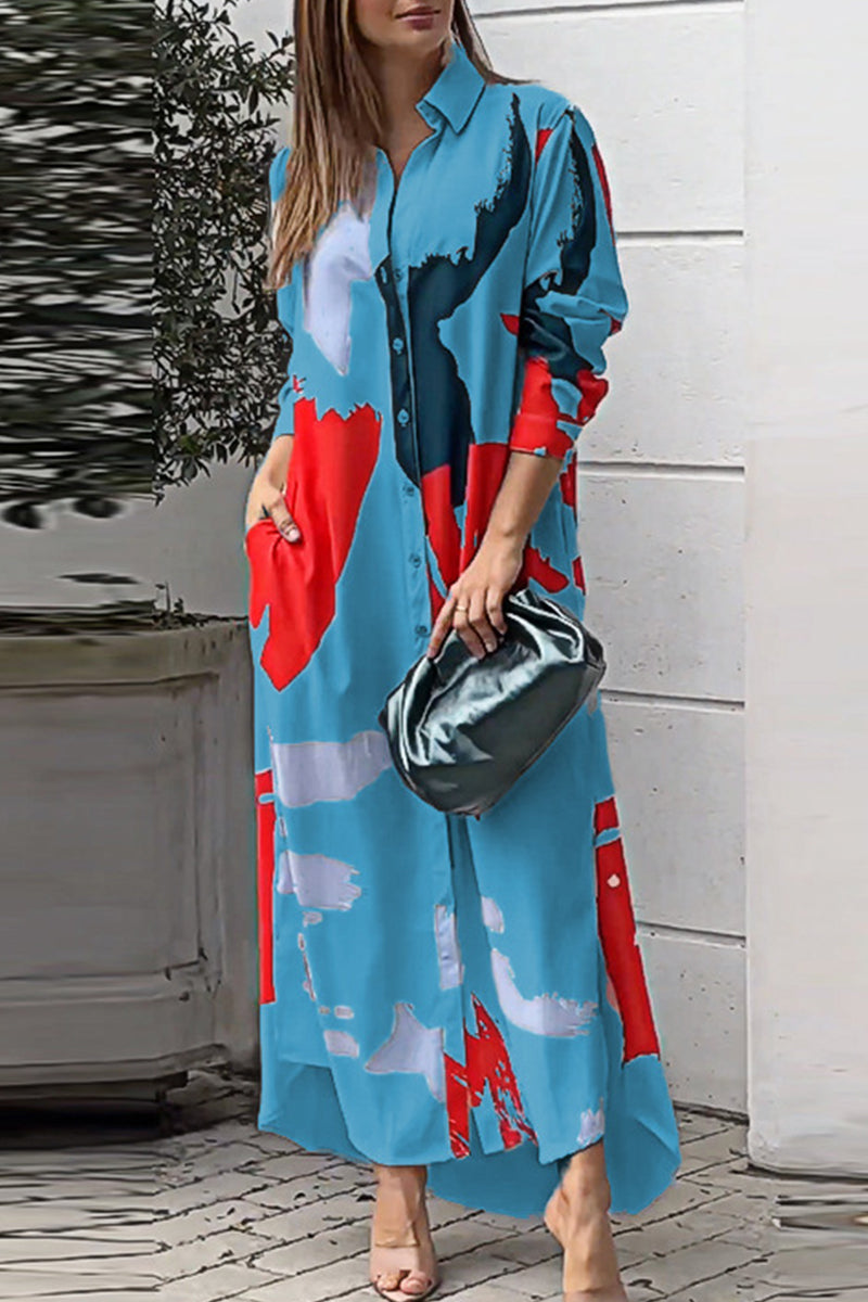 Collared Button Front Long Sleeve Pocket Slit Maxi Shirt Dress - View 5