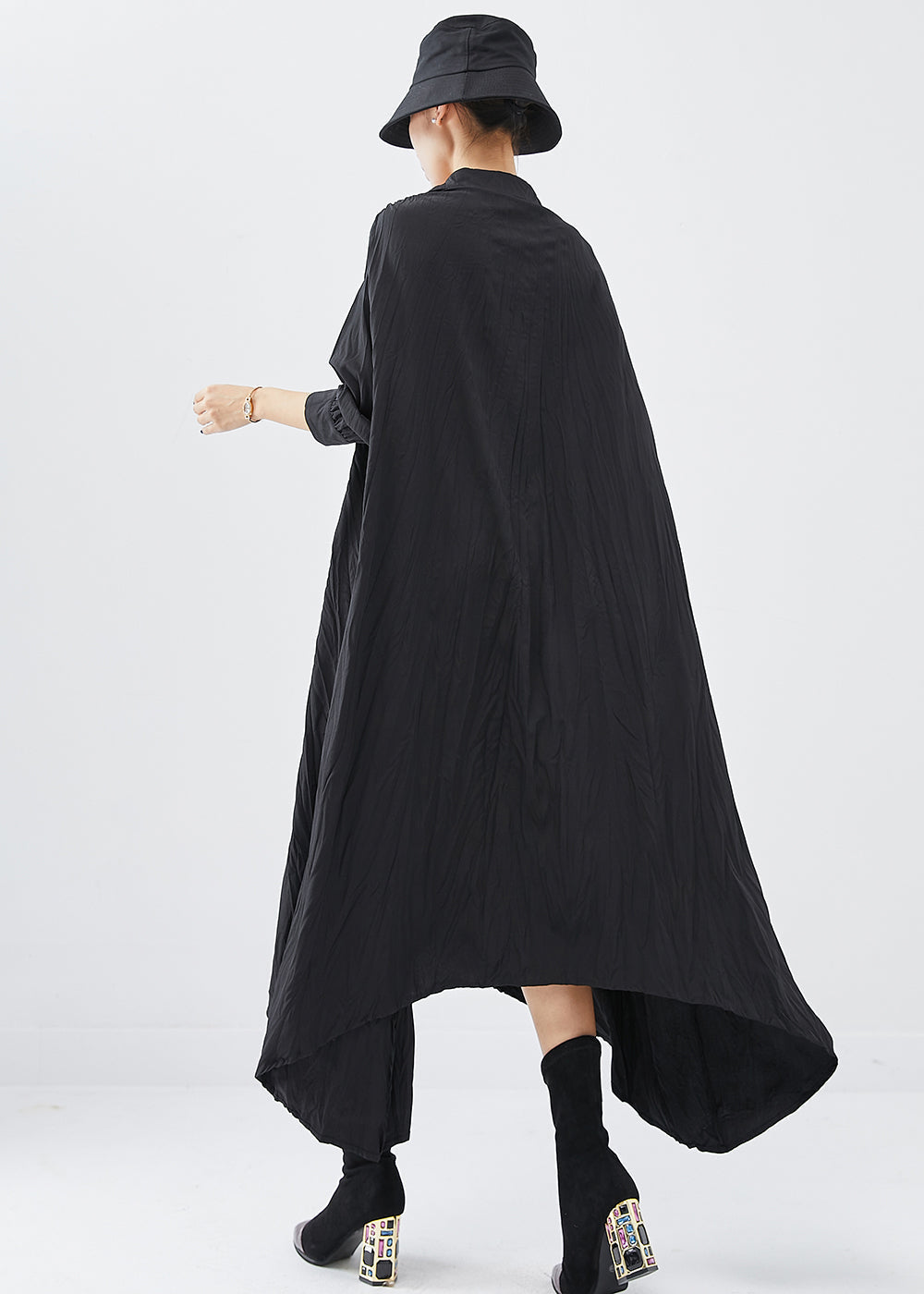 Crinkle Texture Collar Button Down Long Sleeve Shirt Dress - View 4