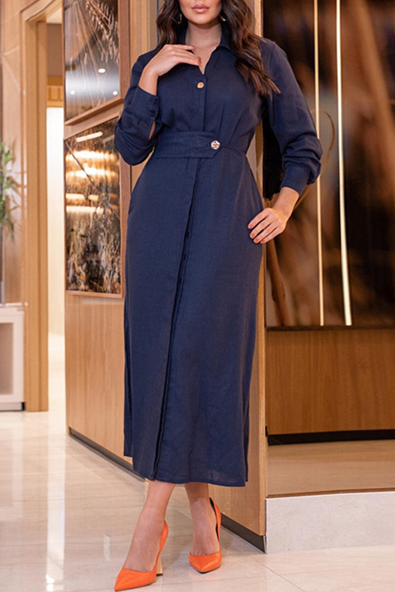 Collared Button Front Waistband High Split Long Sleeve Maxi Dress - View 4