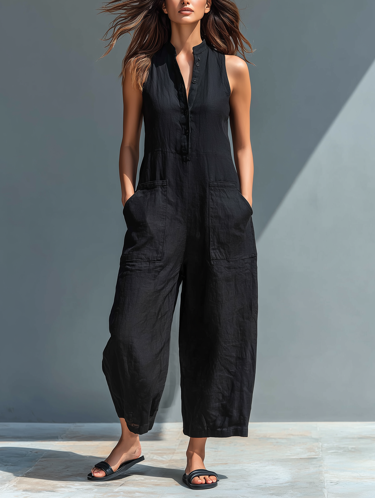 Sleeveless Button Front Wide Leg Jumpsuit with Pockets