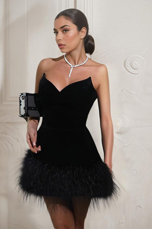 Velvet Strapless Sweetheart Faux Fur Feather Hem Mini Party Dress - View 2