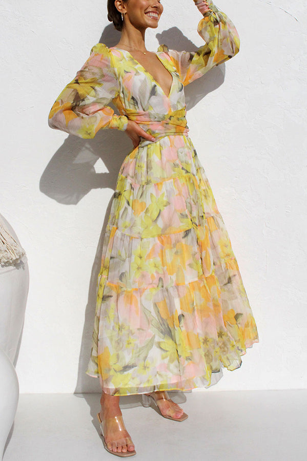 Abstract Floral Print Deep V-Neck Bishop Sleeve Tiered Maxi Dress - View 7