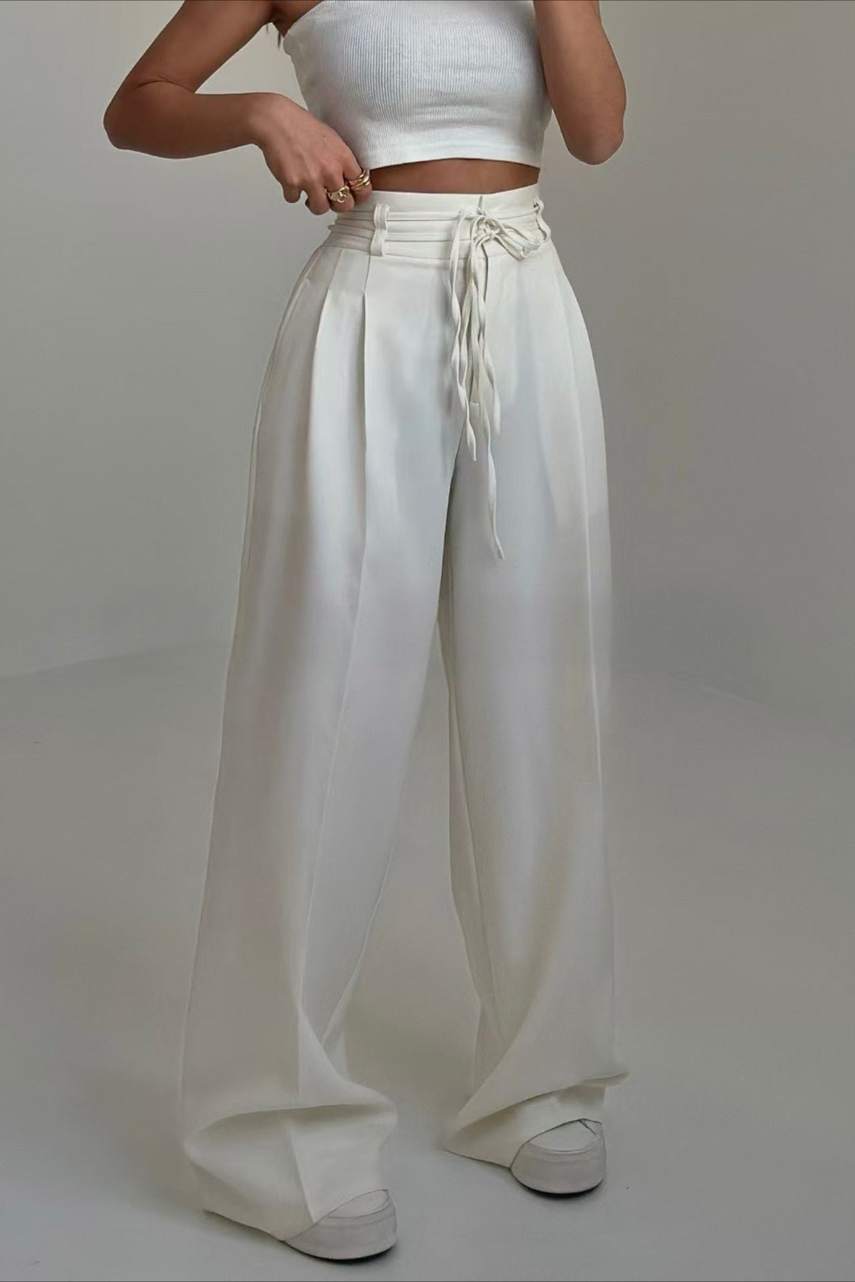 Chic High Waist Tie Slim Straight Pants