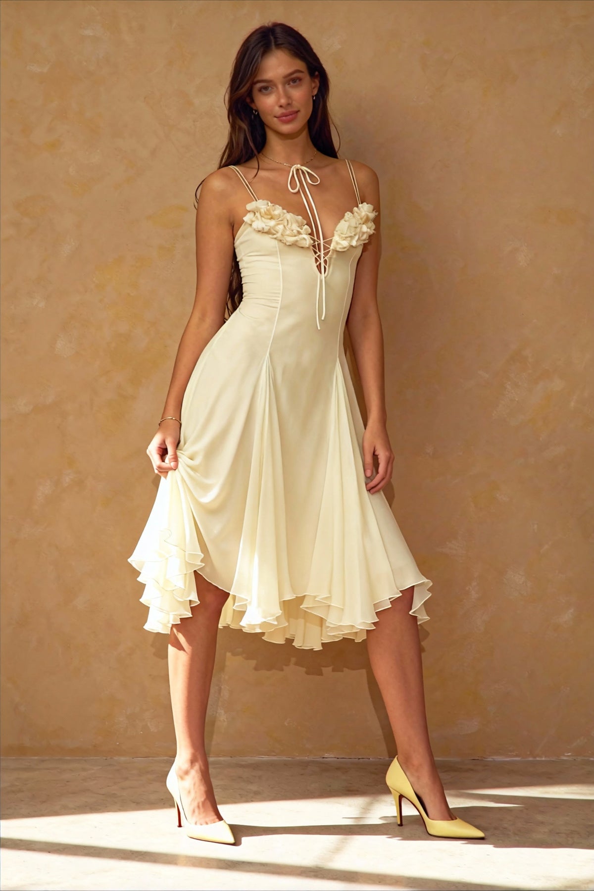 Chiffon Spaghetti Strap Deep V-Neck Rosette Fit and Flare Midi Dress - View 2