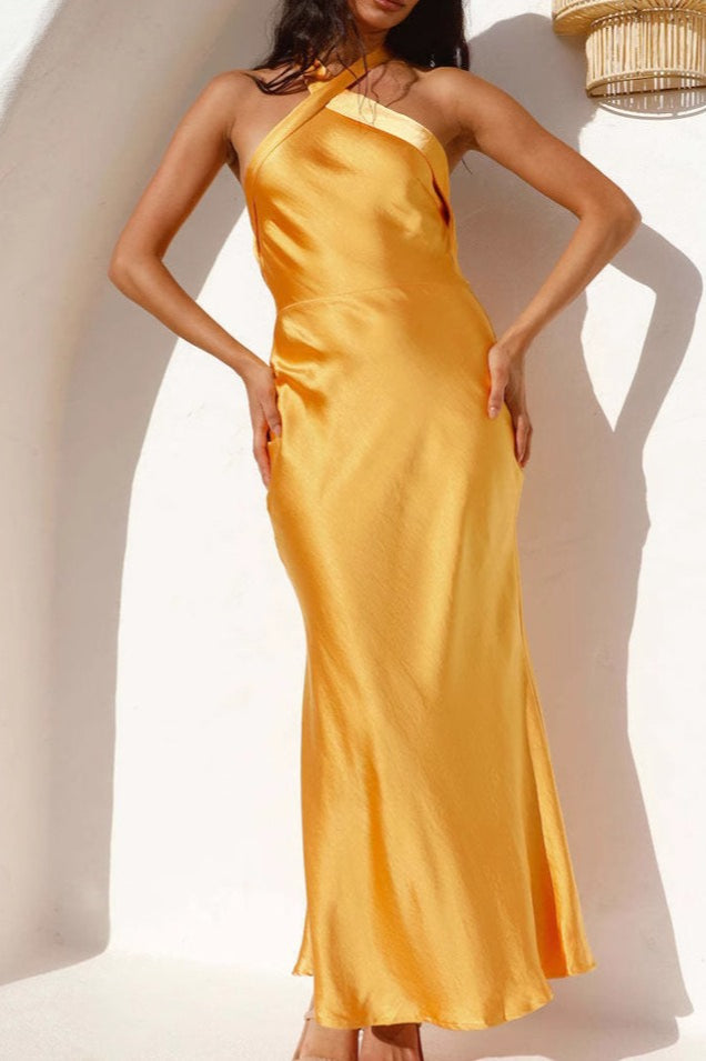 Halter Satin Solid Slim-Fit Cocktail Silk Dress