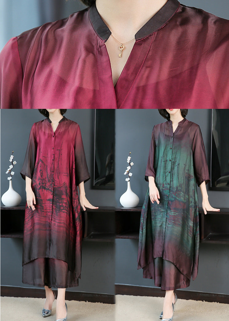 Abstract Print V-Neck Mandarin Collar Three-Quarter Midi Dress - View 5