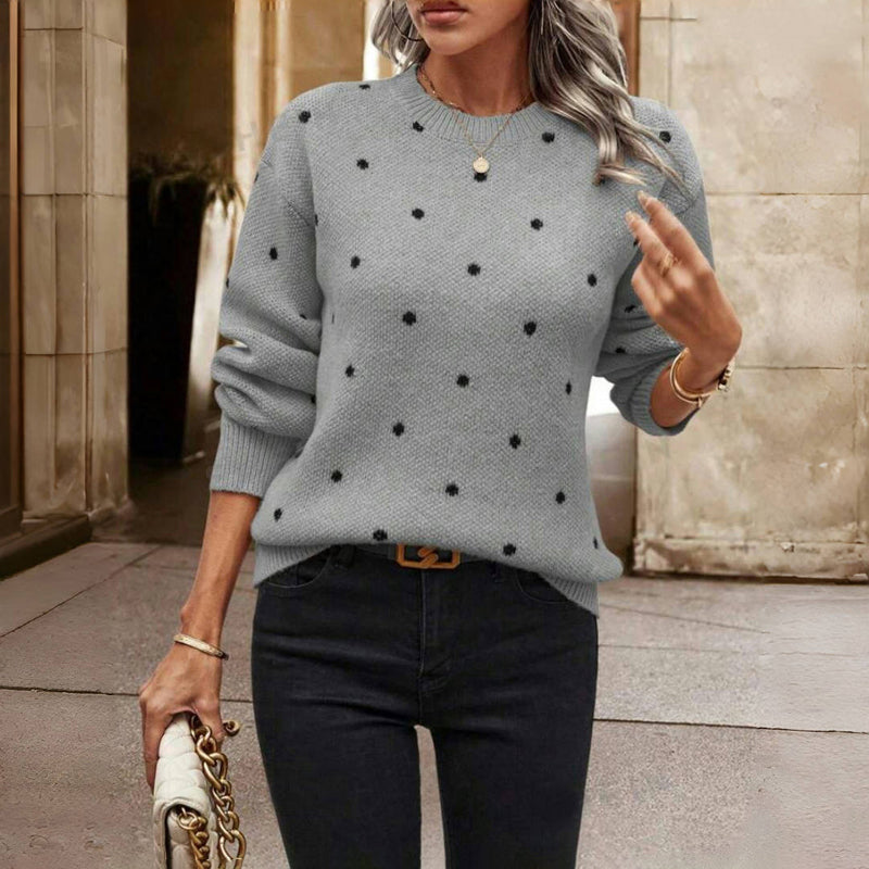 Crew Neck Long Sleeve Polka Dot Knit Sweater 4