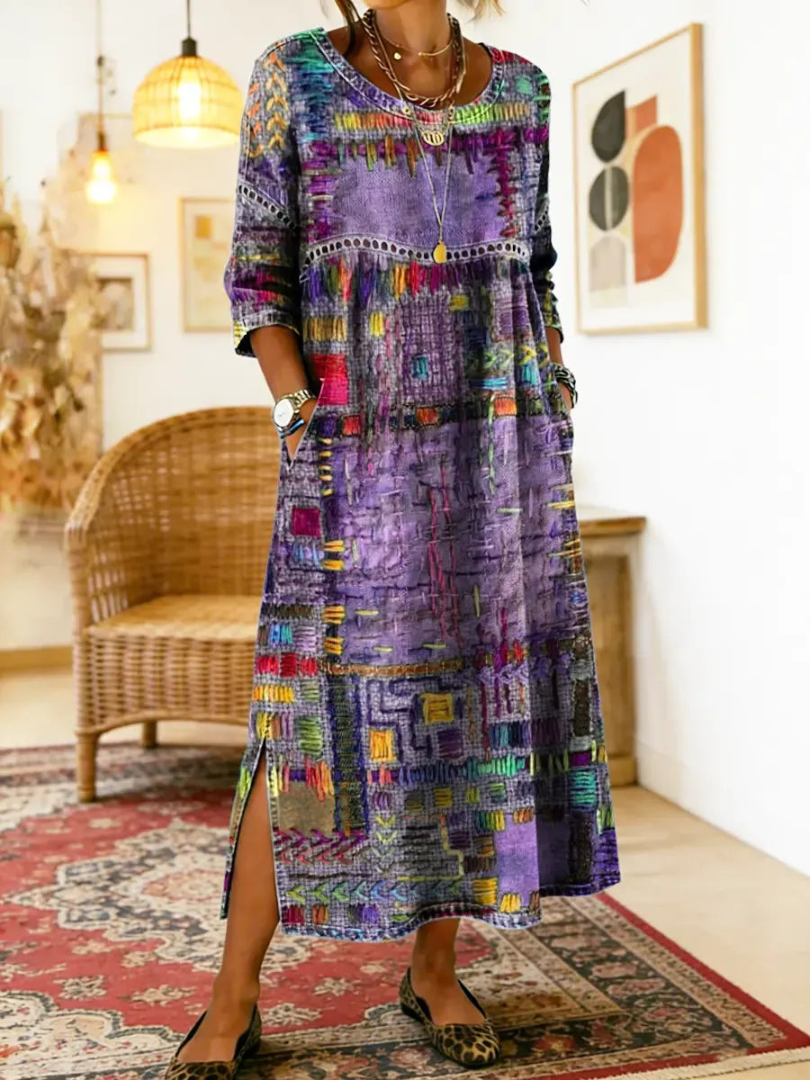 Patchwork Print Round Neck Pocket A-Line Maxi Dress 4