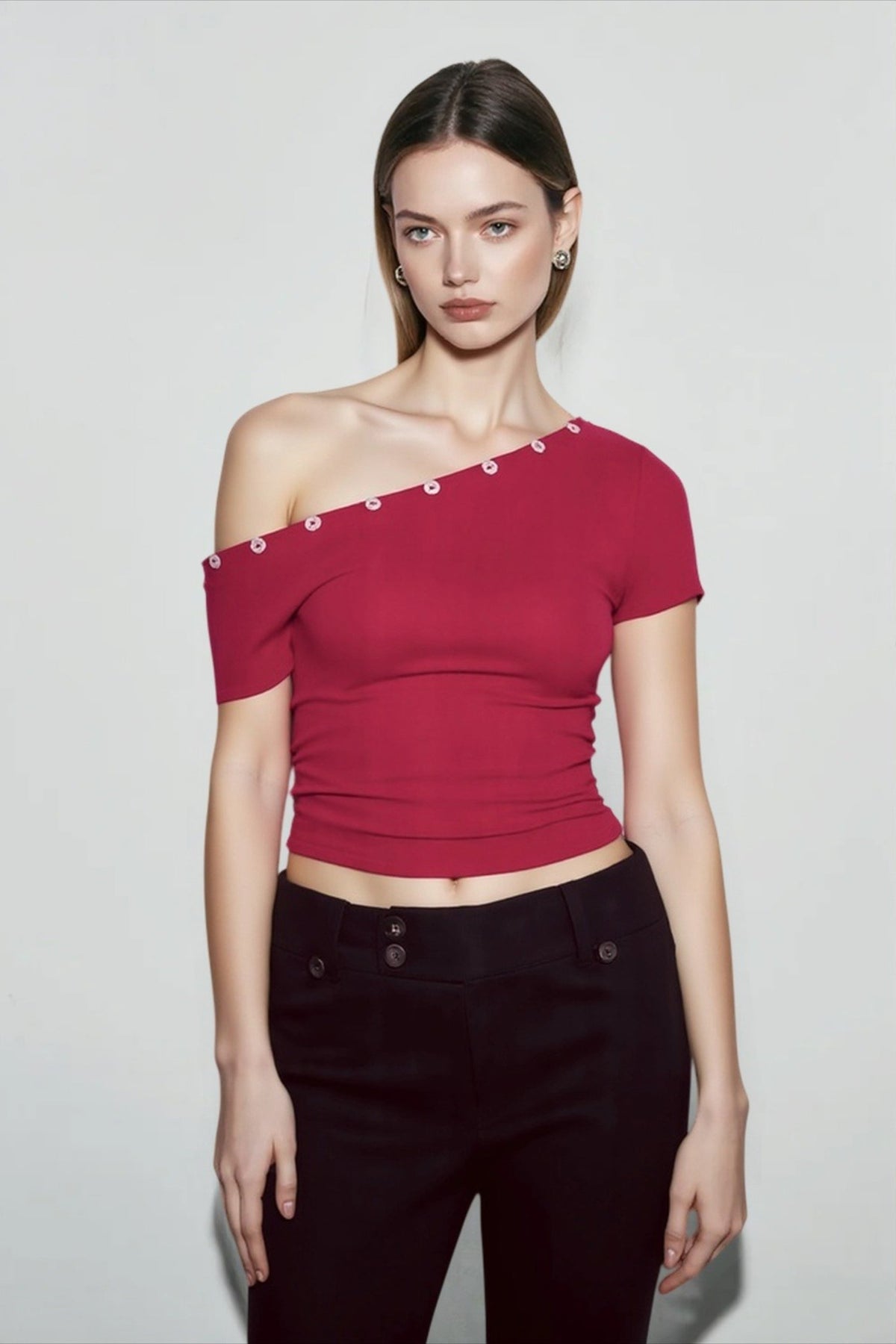 Off Shoulder Short Sleeve Button Trim Crop Top 2