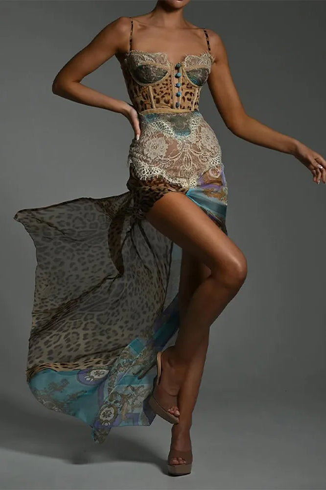 Leopard Lace Mesh Midi Dress - View 3