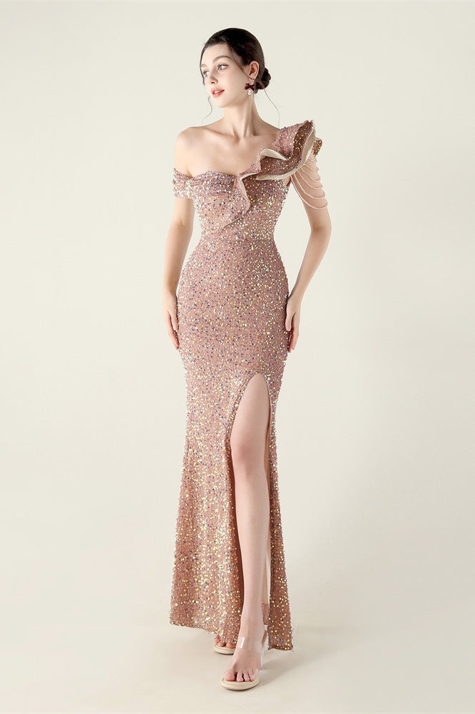 Sequin One Shoulder Ruffle High Split Mermaid Gown in Red - View 13