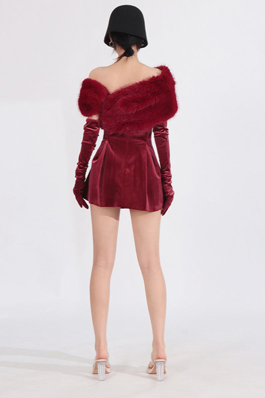 Velvet Off Shoulder Faux Fur Collar Rhinestone Pleated Mini Dress - View 4