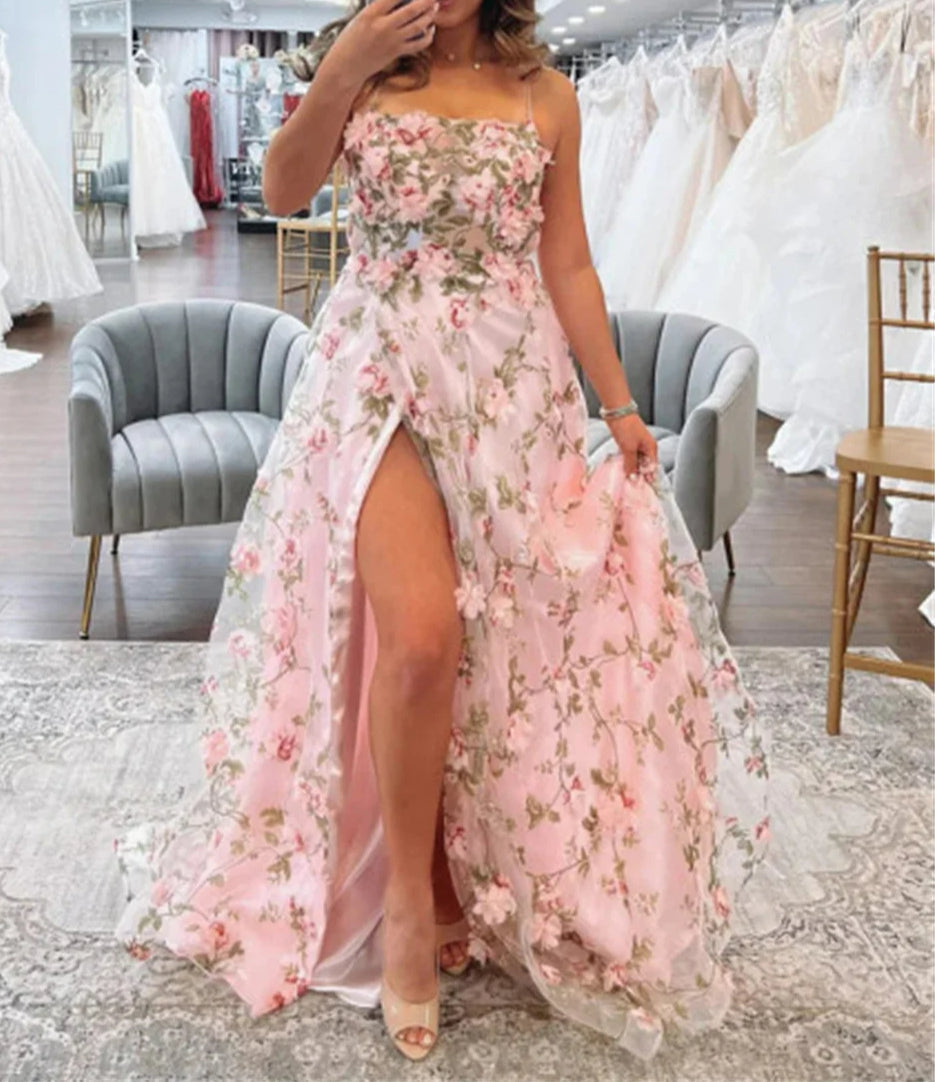 Floral Applique Spaghetti Strap High Split A-Line Prom Gown