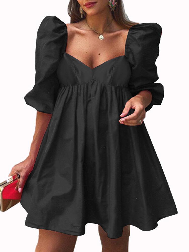Puff Sleeve Sweetheart Square Neck Empire Waist Babydoll Mini Dress - View 4