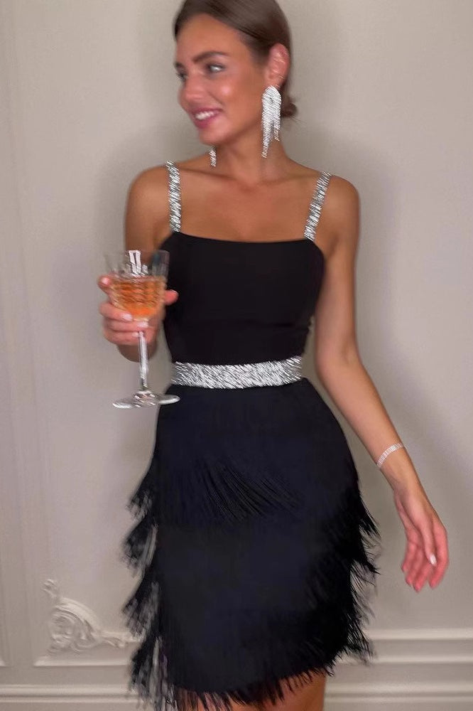 Spaghetti Strap Square Neck Rhinestone Waist Mini Cocktail Dress - View 3