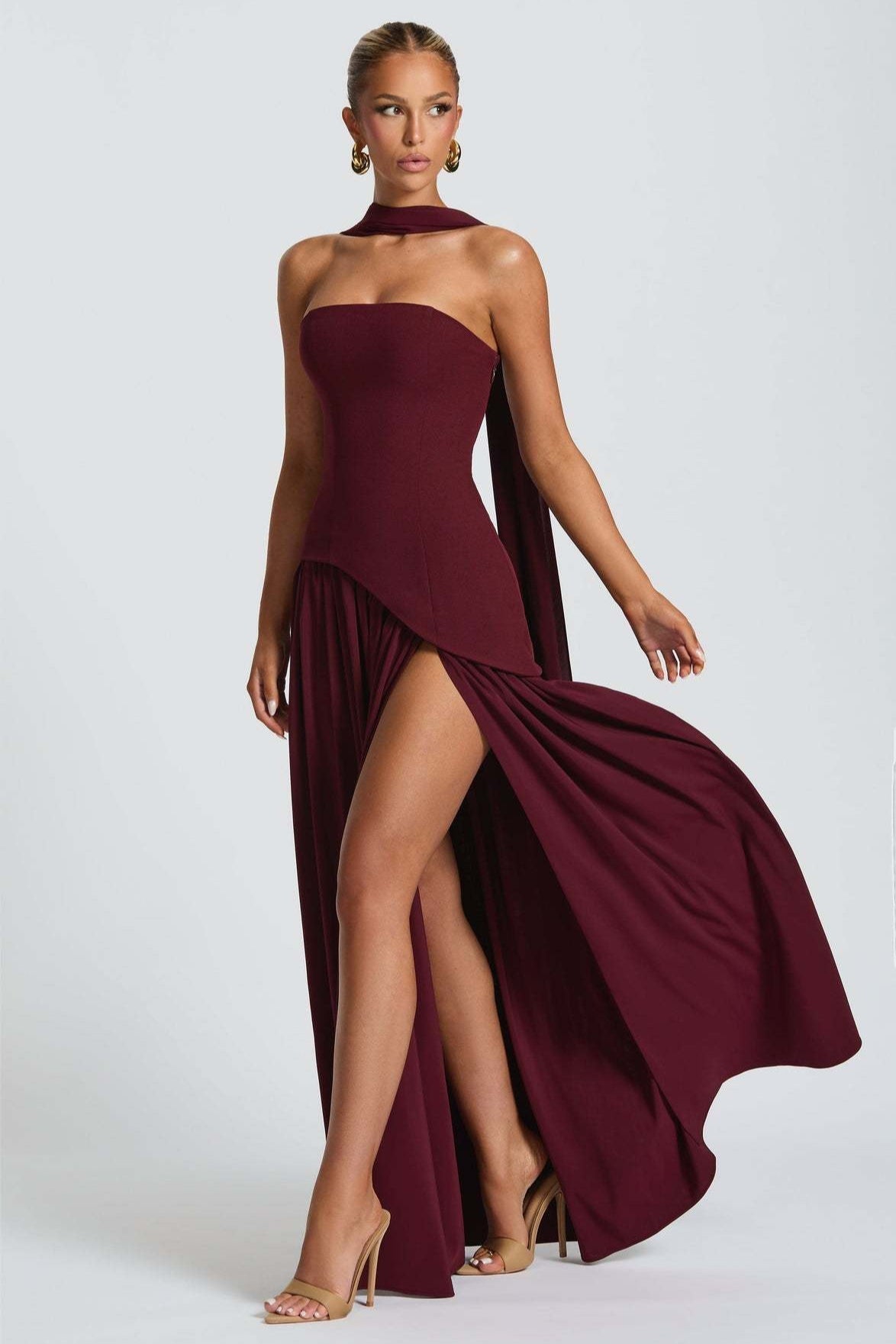 Strapless Scarf Neck High Split Draped Maxi Gown - View 20