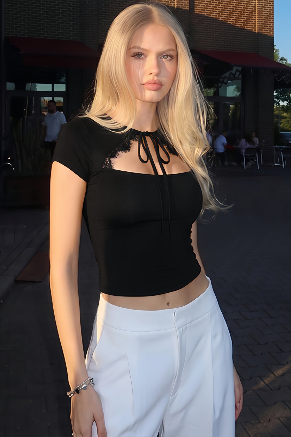 Crew Neck Short Sleeve Keyhole Tie Front Top 2