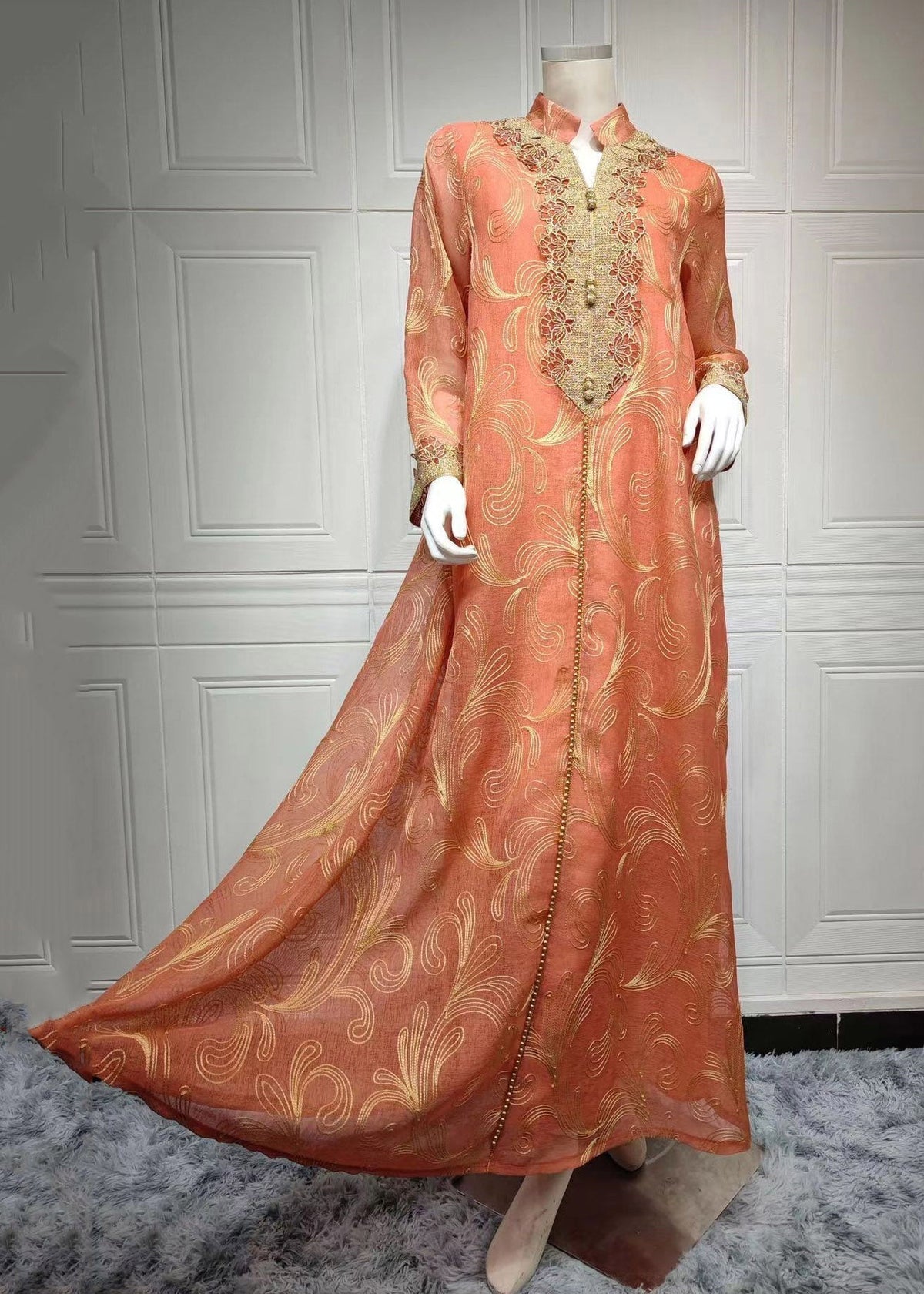 Embroidered Stand Collar Scroll Print Long Sleeve Maxi Dress - View 4