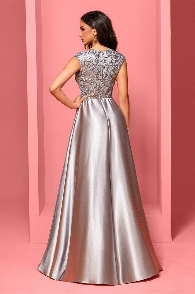 Embellished V-Neck Cap Sleeve Satin A-Line Maxi Dress - View 6