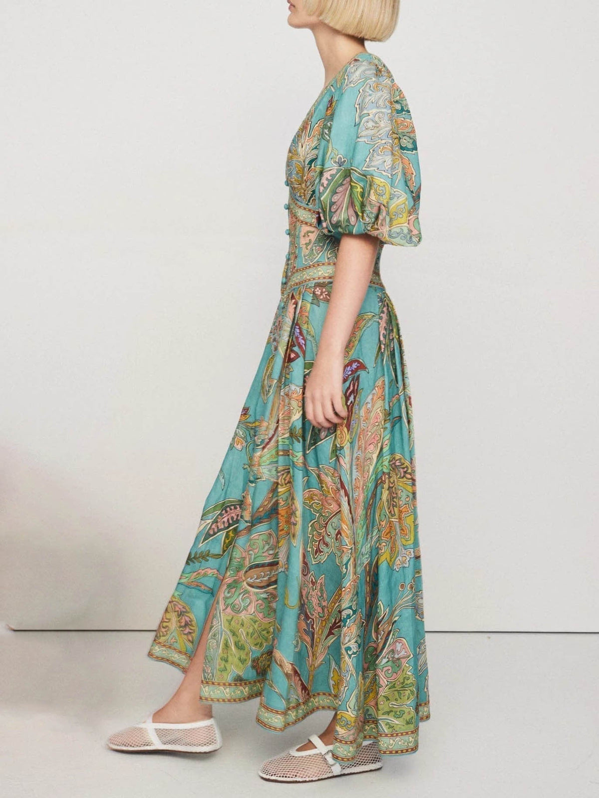 Satin Floral Print Puff Sleeve Midi Dress - View 4