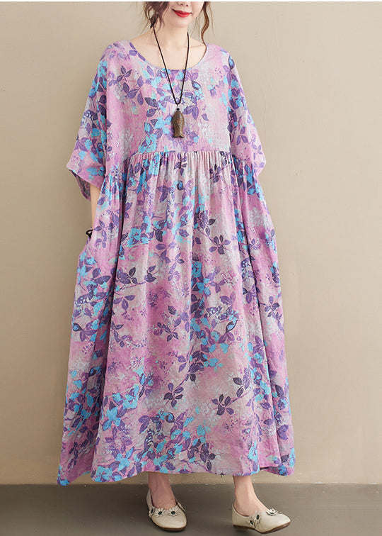 Botanical Print Round Neck Drop Shoulder Short Sleeve Maxi Dress - View 2