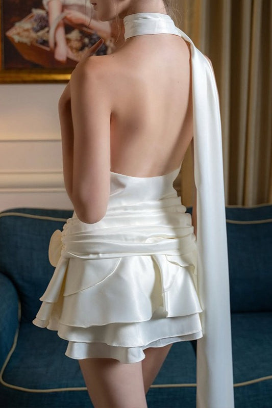 Satin Halter Neck Backless Rosette Tiered Ruffle Mini Dress - View 3